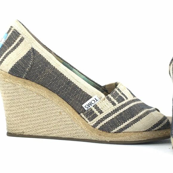 Toms Peep Toe Cork Wedges 6.5W Canvas Geometric Pattern Open Toe - Picture 4 of 11